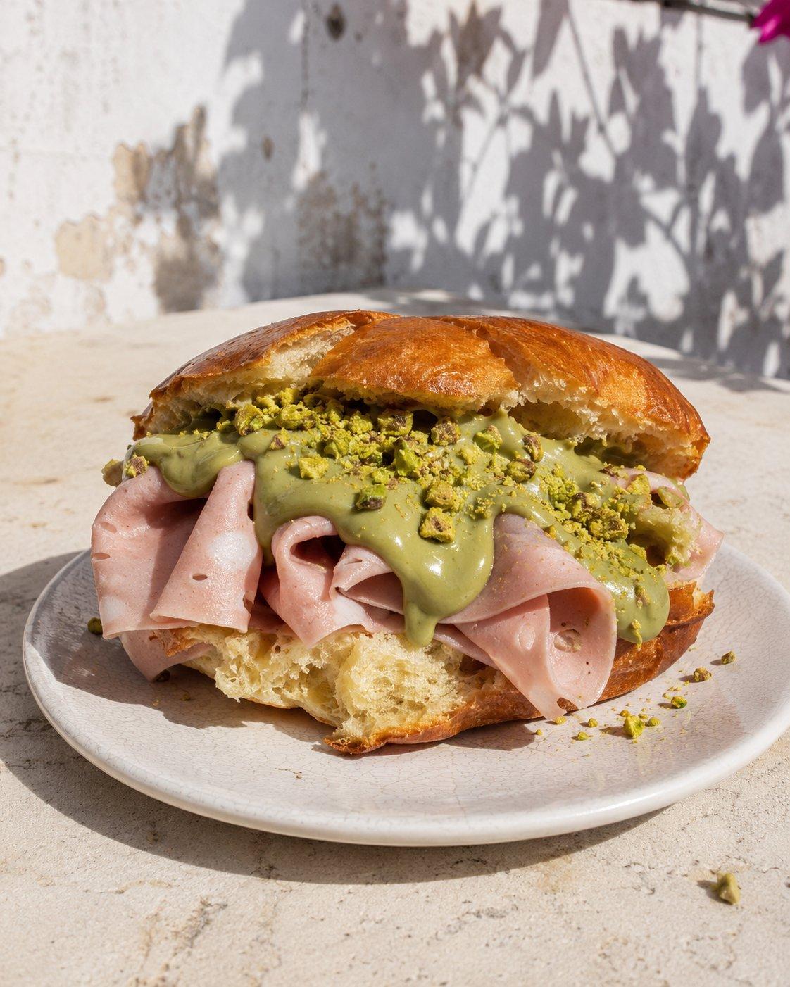 Brioche with mortadella, pistachio cream and pistachio crumble
