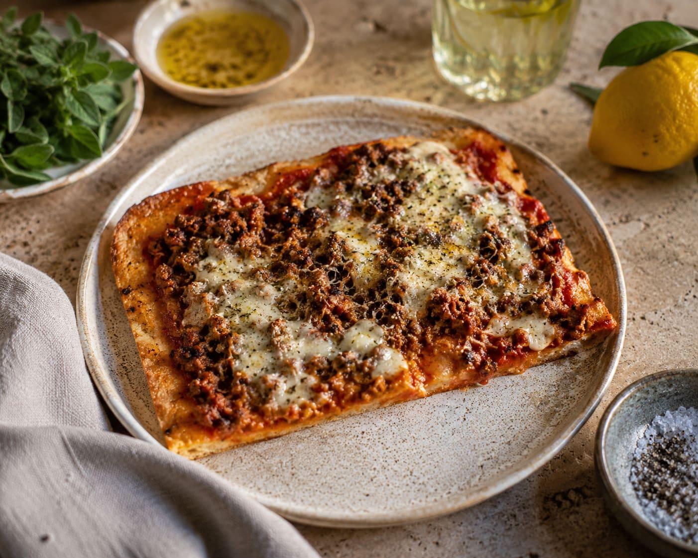 Cottage cheese sheet-pan pizza with bolognese