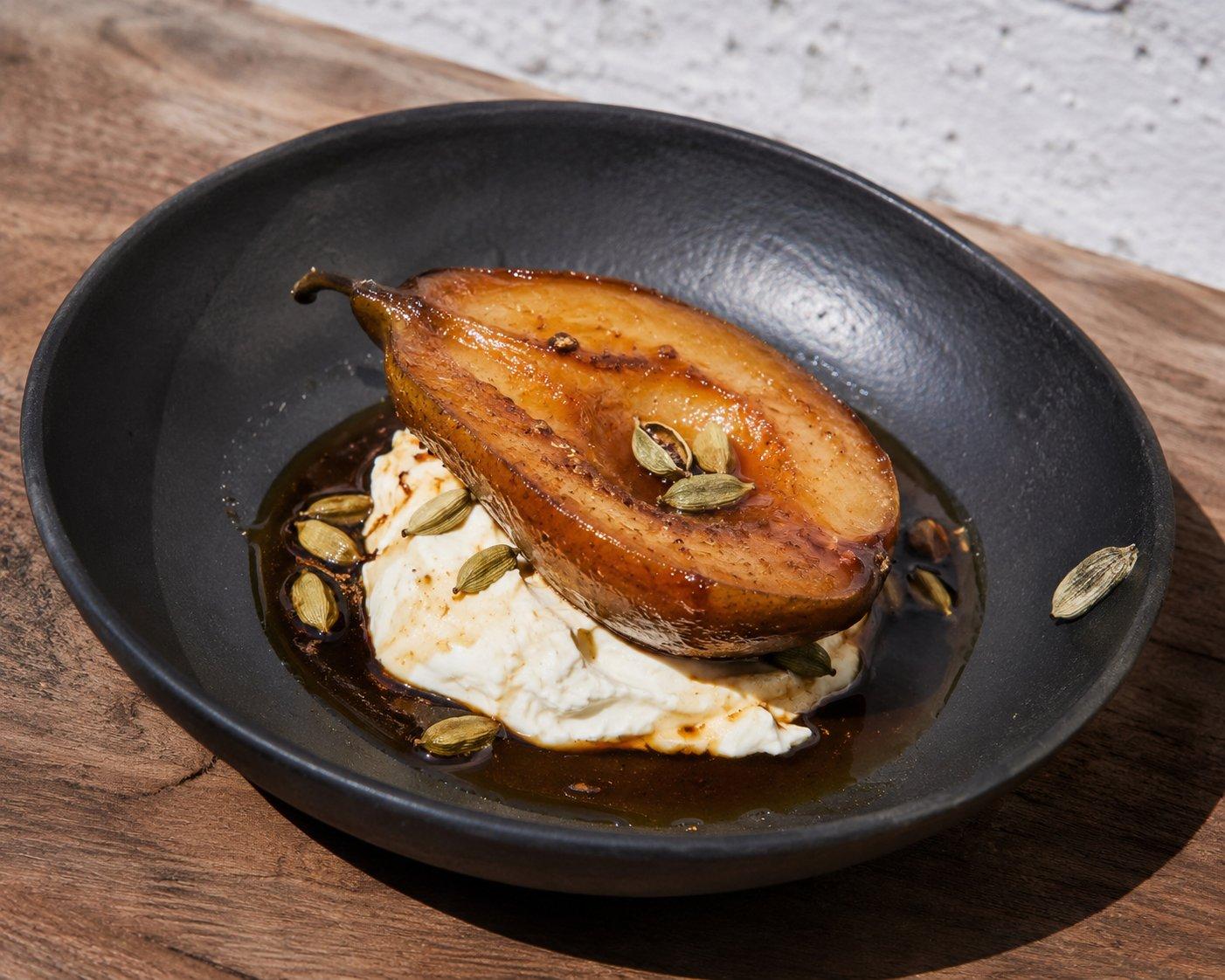 Roasted pear with cardamom and honey mascarpone