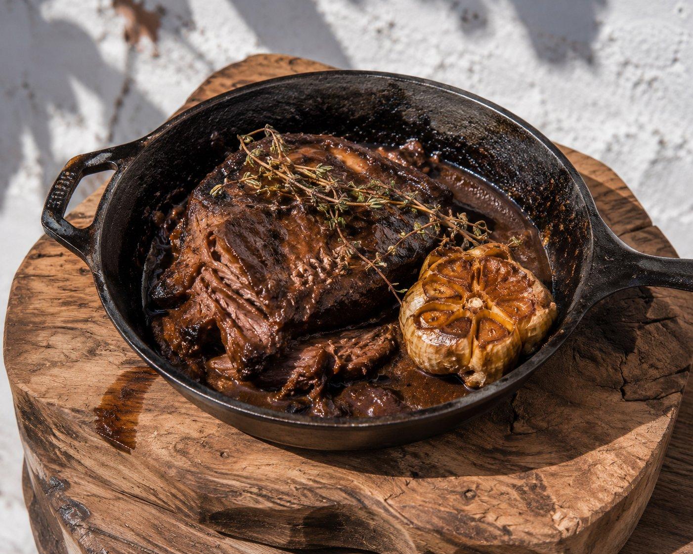 Beef cheek braised in red wine with roasted garlic